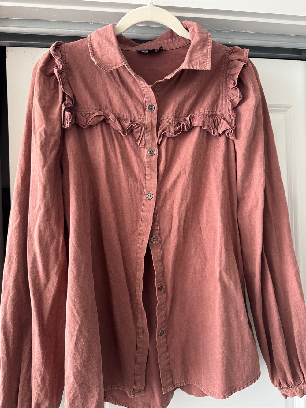 Ruffle-Trim Button-Down Shirt in Dusty Rose
